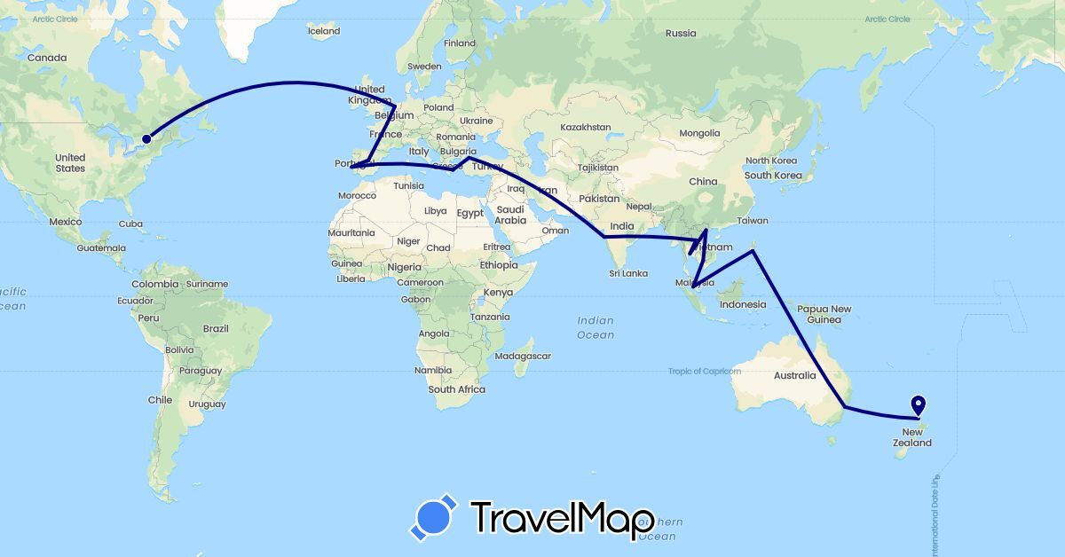 TravelMap itinerary: driving in Australia, Canada, Spain, France, Greece, India, Cambodia, Laos, Malaysia, Netherlands, New Zealand, Philippines, Portugal, Thailand, Turkey, Vietnam (Asia, Europe, North America, Oceania)